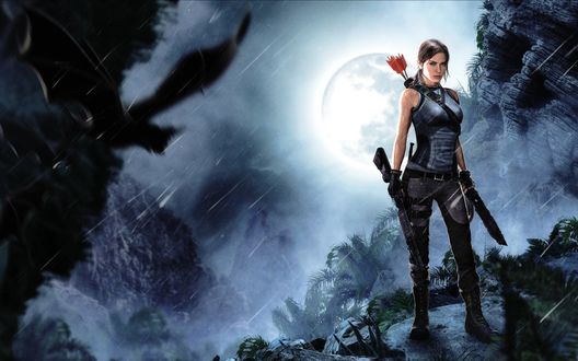 Обои на рабочий стол Лара Крофт / Lara Croft стоит на обрыве в непогоду на фоне большой луны (кадр из игры Shadow of the Tomb Raider / Тень расхитительницы гробниц)