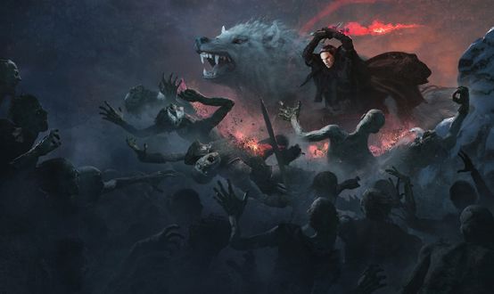 Обои на рабочий стол Jon Snow / Джон Сноу и лютоволк Ghost / Призрак в битве с белыми ходоками, арт к сериалу Игра престолов / Game of Thrones