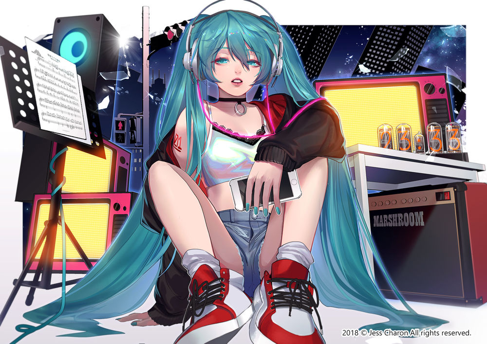 Обои для рабочего стола Vocaloid Hatsune Miku / Вокалоид Хатсуне Мику сидит в музыкальной студии, by Jess Charon