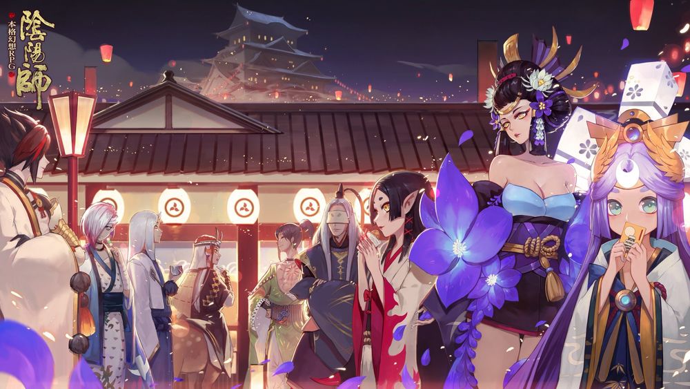Обои для рабочего стола Сбор японских екаев ночью перед храмом, art by Onmyouji Miko
