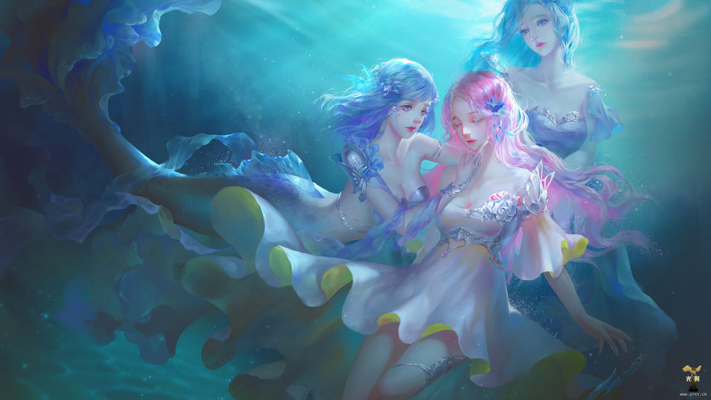 Обои для рабочего стола Три русалки под водой, by GjschoolArt
