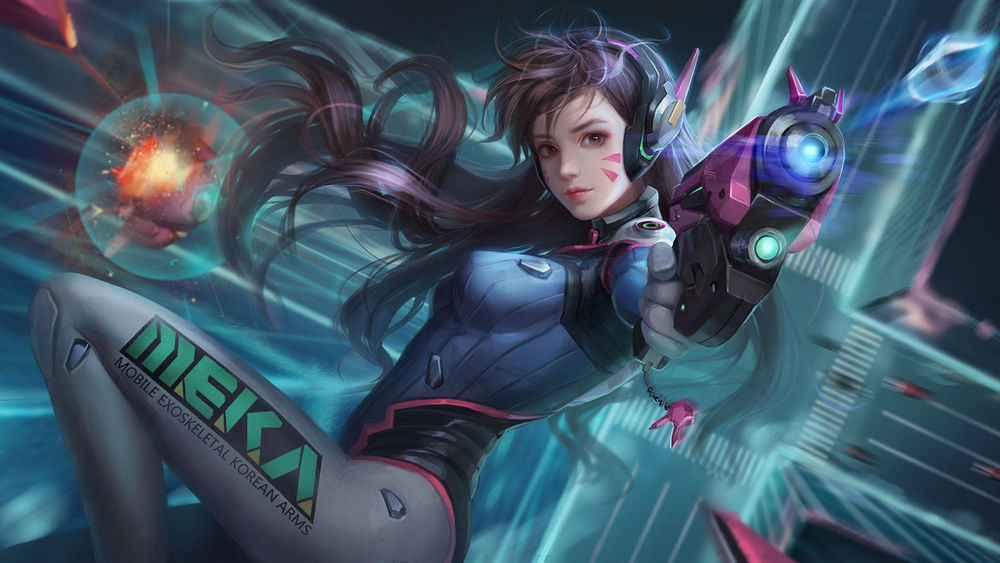 Обои для рабочего стола D. Va / Дива / Хана Сон / Hana Song из игры Дозор / Overwatch, стреляет, падая с высоты