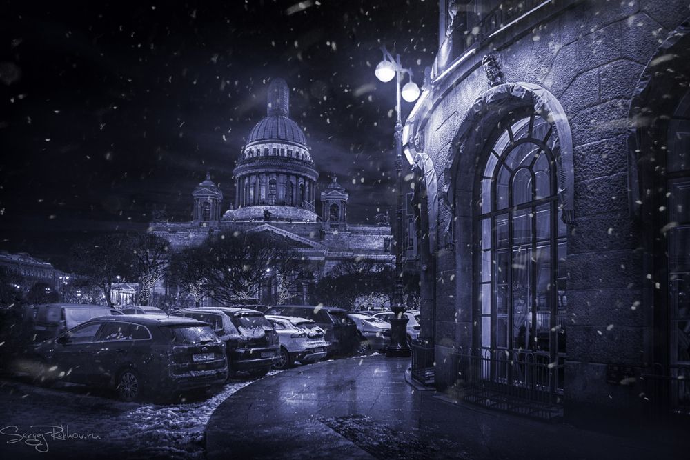 Обои для рабочего стола Исаакиевский собор зимней ночью, Санкт-Петербург, фотограф Сергей Рехов