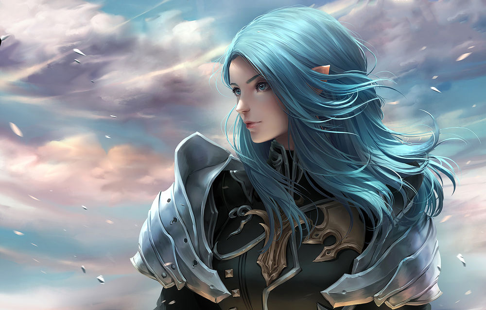 Обои для рабочего стола Эльфийка - Warrior / Воин с голубыми волосами из игры Final Fantasy / Последняя Фантазия, by ChubyMi