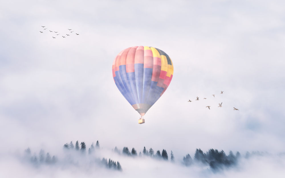 Обои для рабочего стола Воздушный шар летит над хвойным лесом в молочном тумане