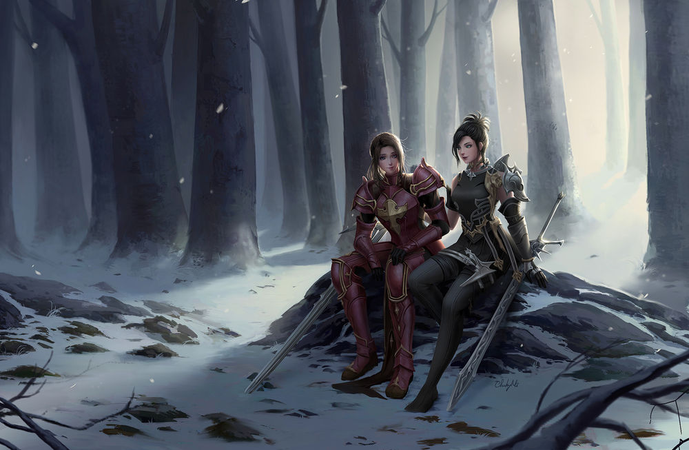 Обои для рабочего стола Две воительницы сидят в зимнем лесу, арт к игре Final Fantasy / Последняя Фантазия, by ChubyMi