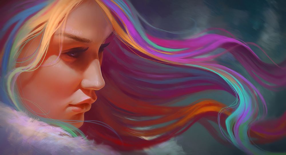 Обои для рабочего стола Портрет певицы Kesha / Кеши с разноцветными волосами, Rainbow / Радуга, by Andantonius