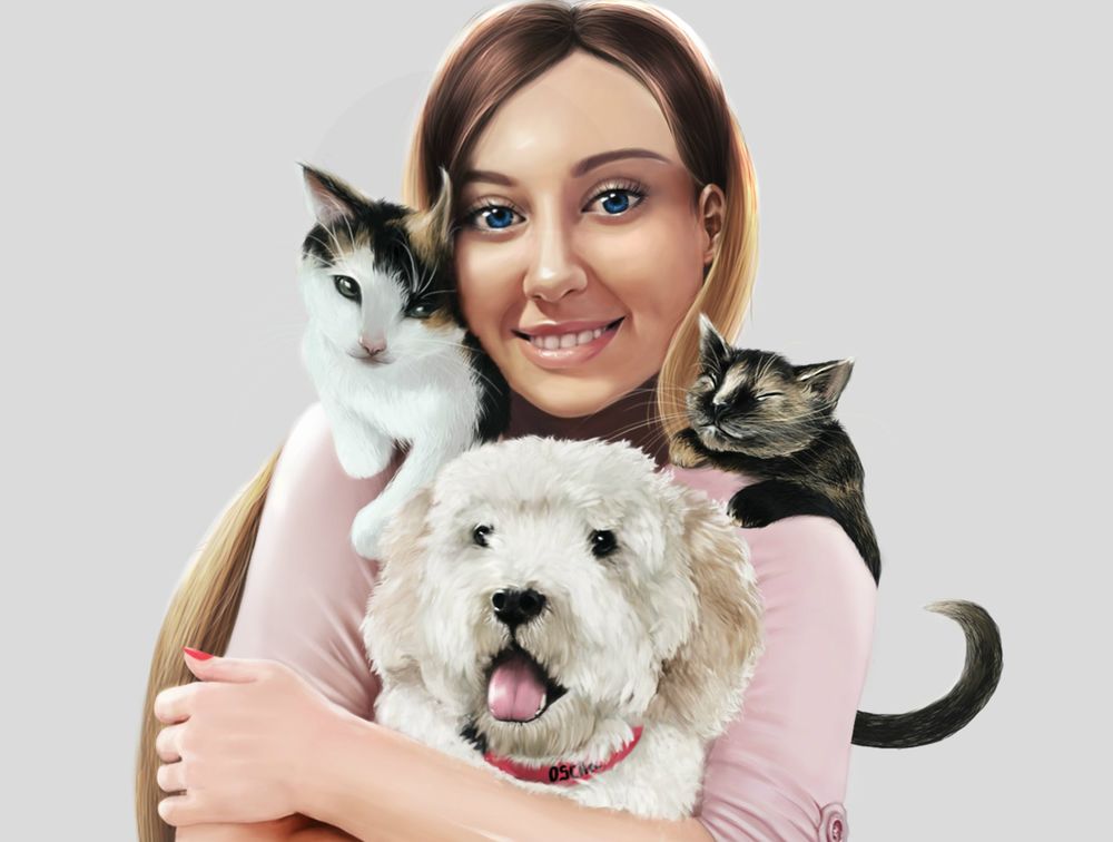 Обои для рабочего стола Смешная девушка с кошками и собакой, by Liz Ariyala