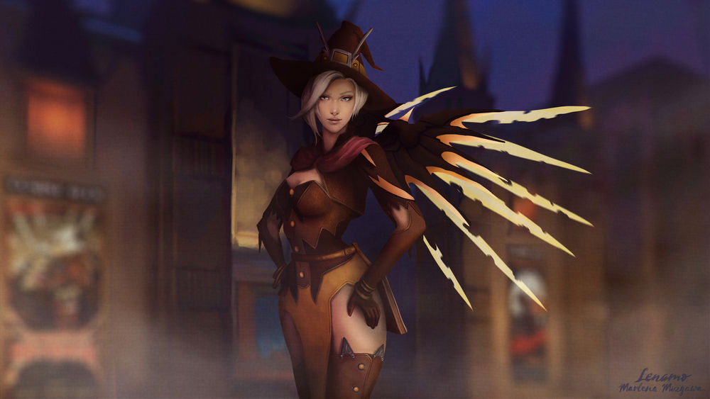 Обои для рабочего стола Mercy / Ангел / Ангела Циглер в образе ведьмы на Halloween, из игры Overwatch / Дозор, by LenamoArt