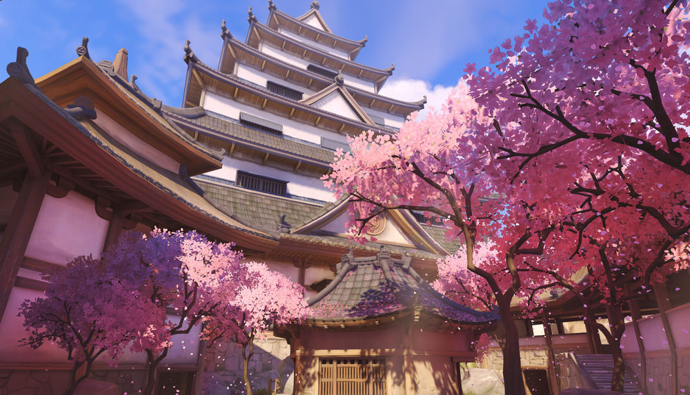 Обои для рабочего стола Японский замок с цветущей сакурой из игры Overwatch / Дозор