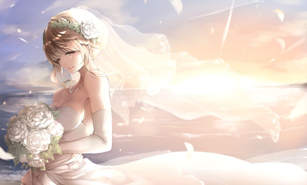 Обои для рабочего стола Юная невеста с букетом белых роз стоит на фоне рассвета над морем