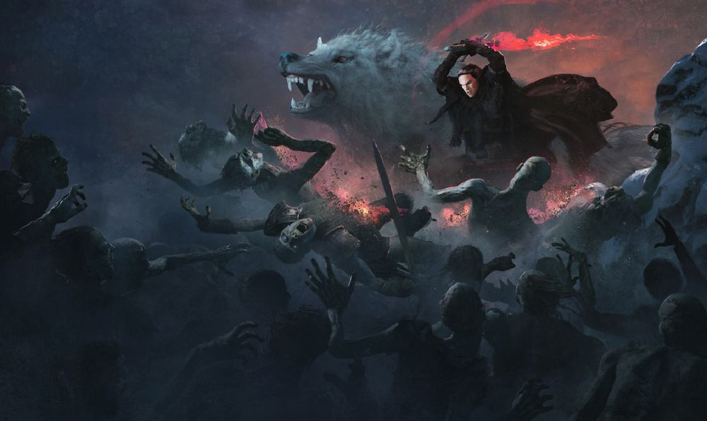 Обои для рабочего стола Jon Snow / Джон Сноу и лютоволк Ghost / Призрак в битве с белыми ходоками, арт к сериалу Игра престолов / Game of Thrones