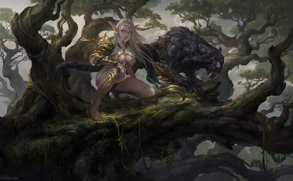 Обои для рабочего стола Эльфийка Jungle Hunter / Охотник Джунглей и мистическая пантера на дереве, by Russell Dongjun Lu