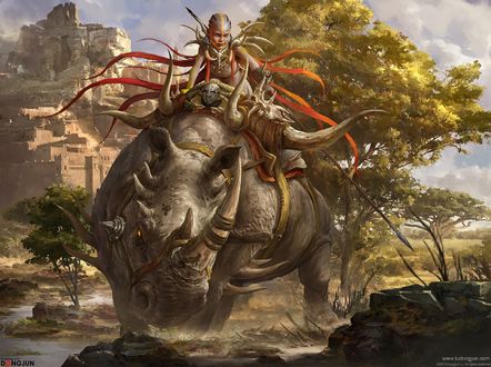 Обои на рабочий стол Мальчик-воин верхом на боевом носороге, by Russell Dongjun Lu
