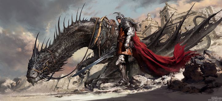 Обои на рабочий стол Black Dragon Knight / Рыцарь Черного Дракона, by Russell Dongjun Lu