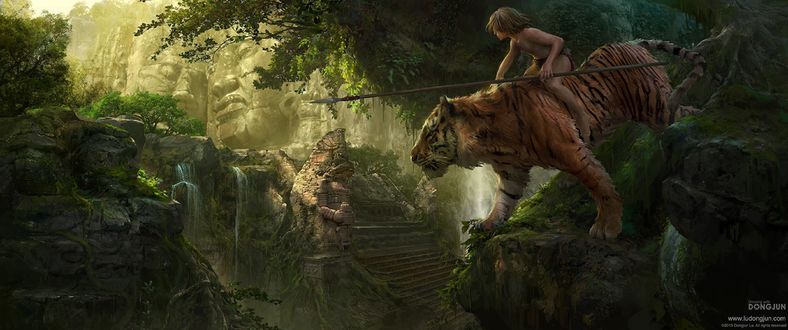 Обои на рабочий стол Маугли верхом на тигре Шерхане, арт по Jungle book / Книге Джунглей, by Russell Dongjun Lu