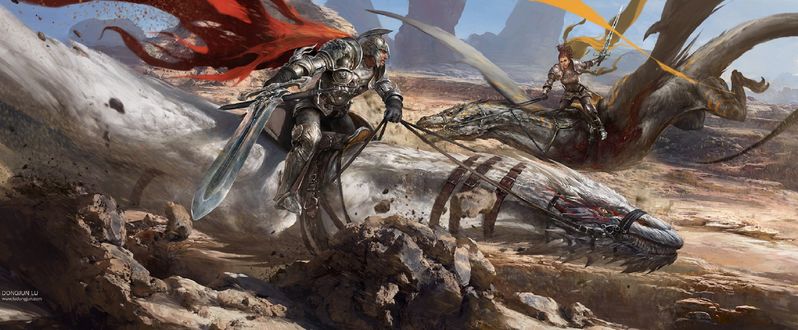 Обои на рабочий стол Two Dragon Knights / Два Рыцаря Дракона, by Russell Dongjun Lu