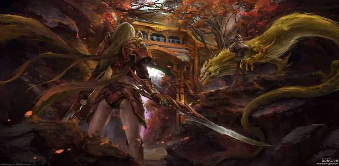 Обои на рабочий стол Девушка Ninjia / Ниндзя и дракон, by Russell Dongjun Lu