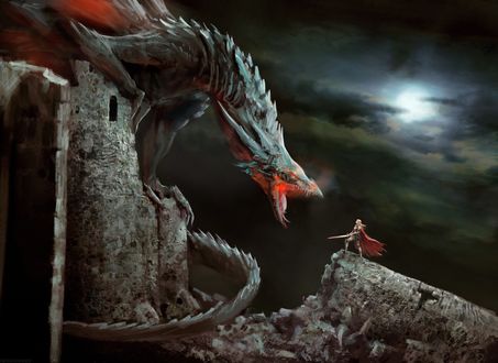 Обои на рабочий стол Девушка-Охотник на драконов / Hunter dragon- доблестный рыцарь с окровавленным мечом противостоит большому огнедышащему дракону на руинах замка в лунную ночь, by Antonio J. Manzanedo