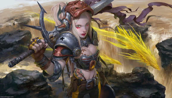 Обои на рабочий стол Girl Knight / Девушка-рыцарь у водопада среди летящих драконов, by Russell Dongjun Lu