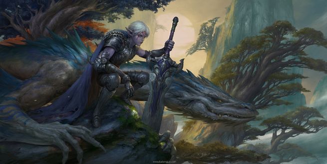 Обои на рабочий стол Warrior with Dragon / Воин с драконом, by Russell Dongjun Lu