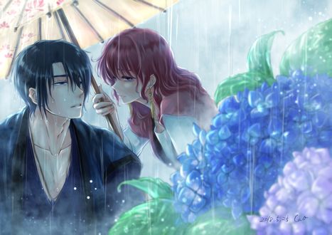 Обои на рабочий стол Yona / Йона и Hak Son под зонтов в дождь возле цветущей гортензии из аниме Akatsuki no Yona / Рассвет Йоны