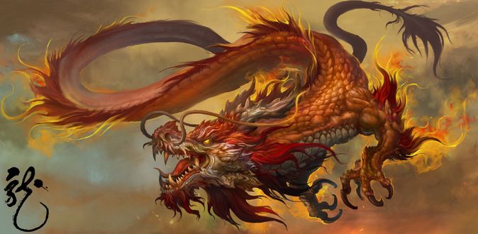 Обои на рабочий стол Chinese Dragon / Китайский дракон в небе, by Russell Dongjun Lu