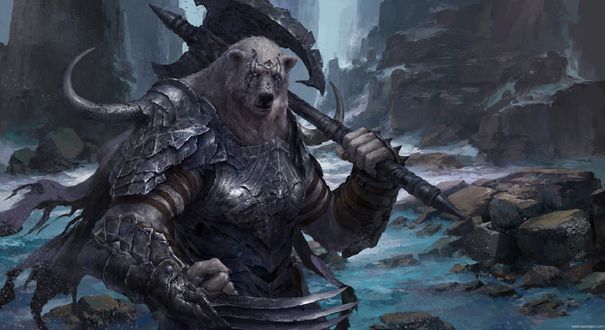 Обои на рабочий стол Bear Warrior / Медведь-воин стоит на фоне заснеженных скал, by Russell Dongjun Lu