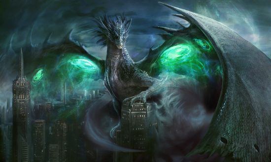 Обои на рабочий стол Огромный дракон над ночным городом, арт к игре Mythgard, by Antonio J. Manzanedo