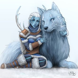 Обои на рабочий стол Богиня зимы Skadi / Скади и волк Kaldr / Кальдр из игры Smite, by Sciamano240