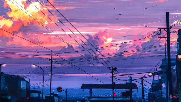Обои на рабочий стол Провода на фоне розово-голубого неба с облаками, by Alena Aenami