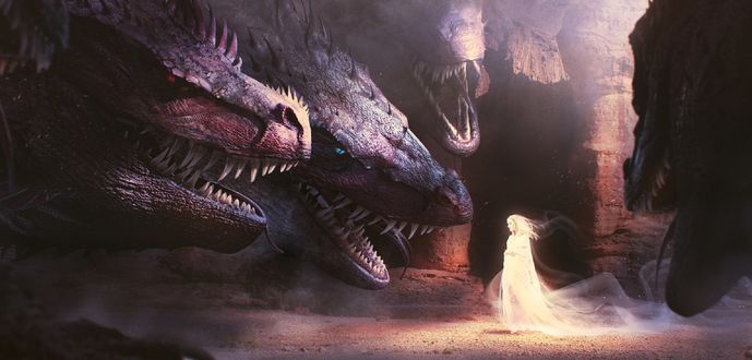 Обои на рабочий стол Драконы смотрят на фантом девушки в белом платье, by Soufiane Idrassi