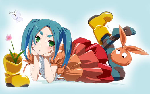 Обои на рабочий стол Ононоки Ёцуги / Yotsugi Ononoki из серии аниме Monogatari, лежит рядом с сапогом, из которого растет цветок, автор оригинала Arakaki Issei