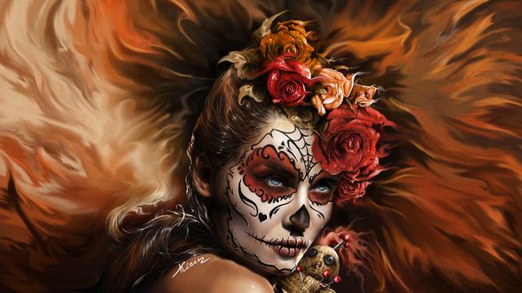 Обои на рабочий стол La Catrina / Катрина с розами в волосах, макияжем на лице, в стиле Santa Muerte / Святая Смерть и куклой Вуду в руках, by Karolina Klein