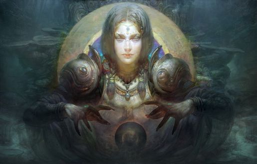 Обои на рабочий стол Ведьма колдует над магическим шаром, by Ruan Jia