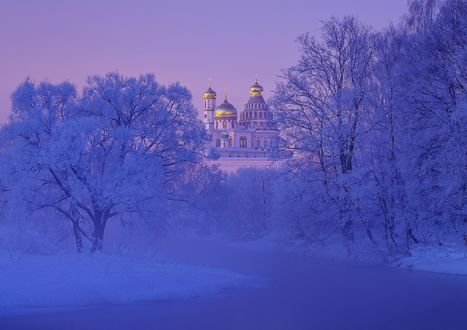 Обои на рабочий стол Замерзшая река Истра и деревья, покрытые инеем, на фоне Новоиерусалимского монастыря, фотограф Сергей Давыдов