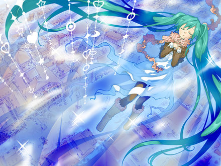 Обои на рабочий стол Vocaloid Hatsune Miku / вокалоид Хатсуне Мику с букетом на голубом фоне, by Junji
