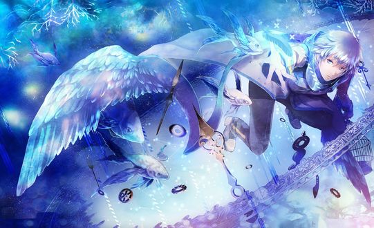 Обои на рабочий стол Vocaloid Kaito Shion / Вокалоид Кайто Шион с голубыми крыльями плавает среди рыбок