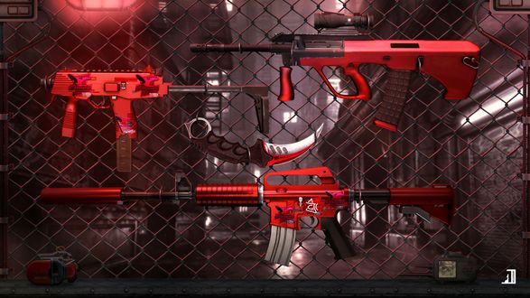 Обои на рабочий стол Штурмовая винтовка Colt M4A1-S, штурмовая винтовка AUG, пистолет пулемет MP9 и нож красного цвета из игры Counter Strike Global Offensive / Контр Страйк Глобальное Наступление