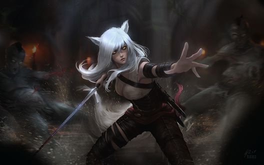 Обои на рабочий стол Ahri / Ари в бою против монстров, арт к игре League of Legends / Лига Легенд, by raikoart
