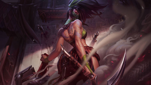 Обои на рабочий стол Akali / Акали с тату дракона на спине, из игры League of Legends / Лига Легенд, by Jessica Oyhenart