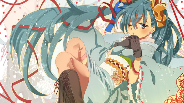 Обои на рабочий стол Vocaloid Hatsune Miku / вокалоид Хатсуне Мику в голубом кимоно и черных перчатках, by Aquasnow