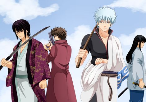 Обои на рабочий стол Sakata Gintoki, Takasugi Shinsuke, Sakamoto Tatsuma и Katsura Kataro с оружием на фоне неба из аниме Гинтама / Gintama