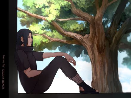 Обои на рабочий стол Uchiha Itachi / Учиха Итачи отдыхает рядом с большим деревом из аниме Наруто / Naruto, by ns7104