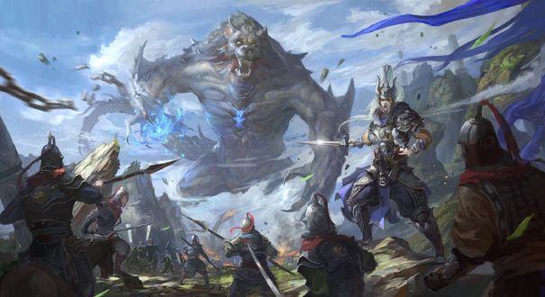 Обои на рабочий стол Нападение монстра с магическим огнем в лапе на воинов, by chen zhan