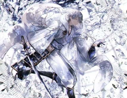 Обои на рабочий стол Tsurumaru Kuninaga / Тсурумару Кунинага с катаной из игры и аниме Touken Ranbu / Танец мечей