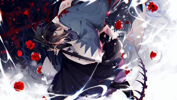 Обои на рабочий стол Yamato No Kami / Ямато но Ками в воде среди красных камелий из игры Touken Ranbu / Танец мечей
