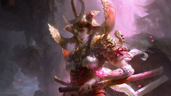 Обои на рабочий стол Девушка-воин стоит на фоне домов в скалах, by Guangjian Huang