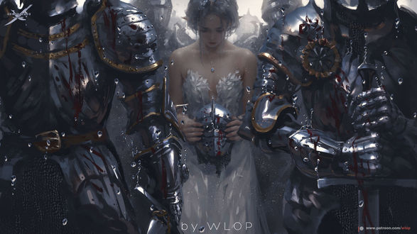 Обои на рабочий стол Принцесса идет среди рыцарей под дождем, из комикса Wang Ling GhostBlade / Призрачный Клинок, by Wlop