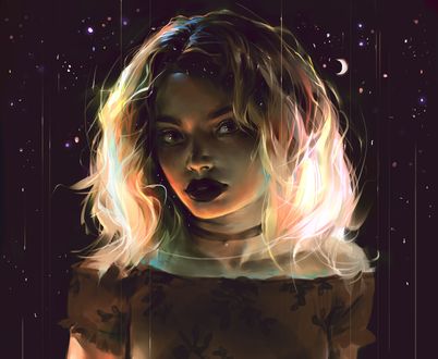 Обои на рабочий стол Белокурая девушка на фоне ночного звездного неба, by Vetyr